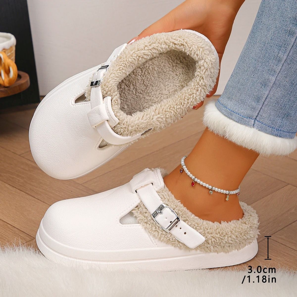 Waterproof Eva Furry Mules Slippers for Women with Plush Lining and Metal Buckle
