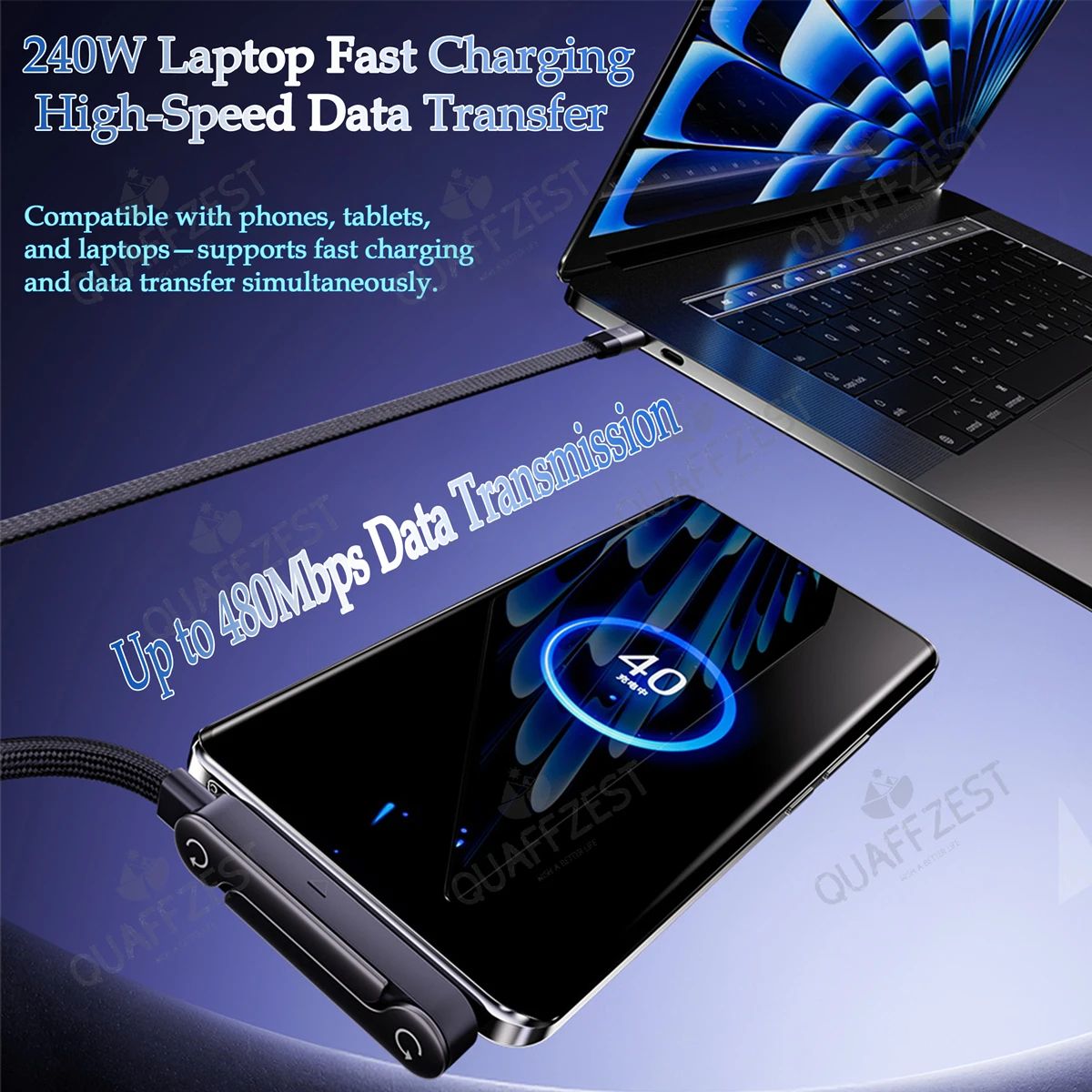 Foldable 240W Fast Charging Cable with Built-In Phone Holder (1.5m USB-C)