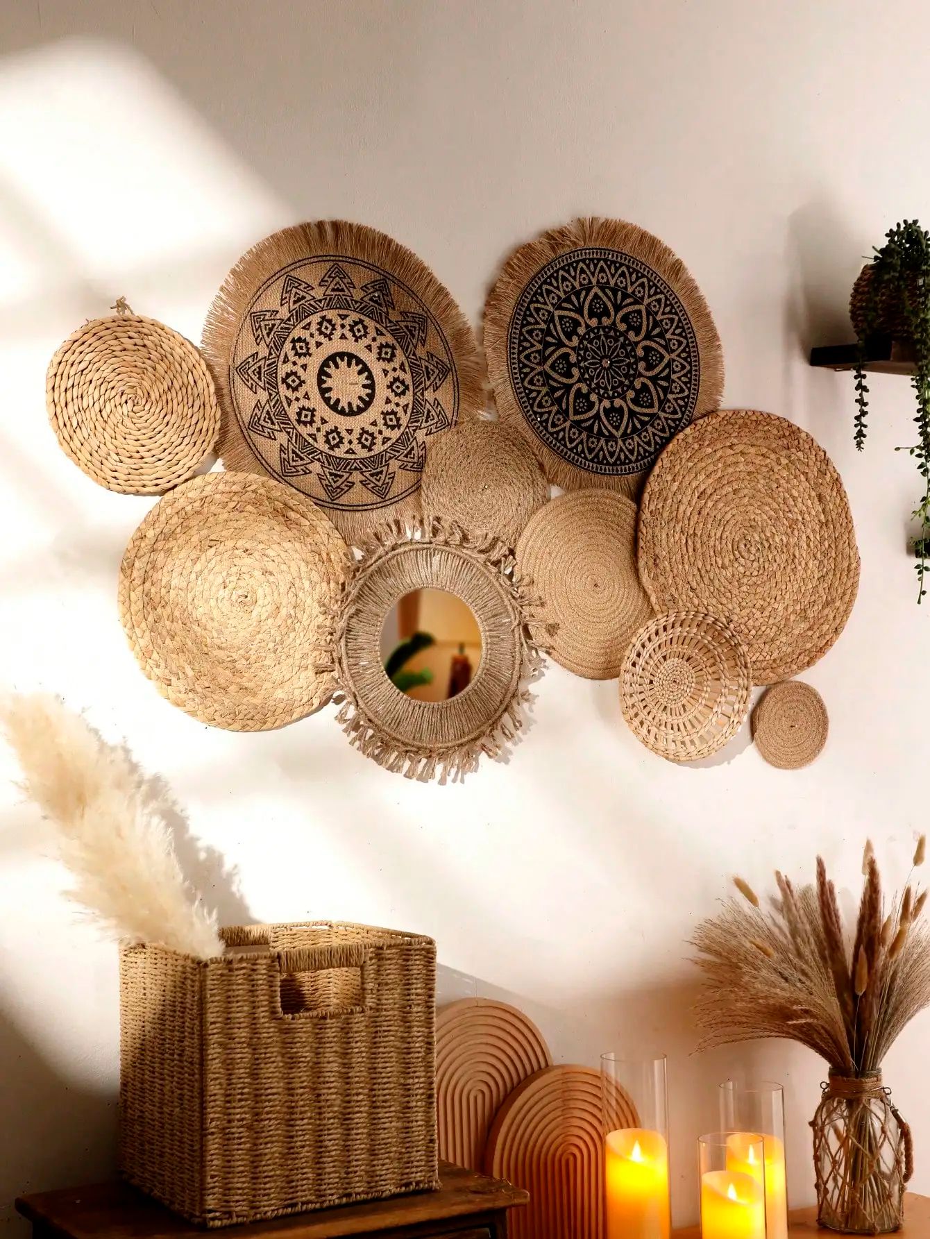 Boho Woven Seagrass Wall Basket Set – Rustic Hanging Farmhouse Decor