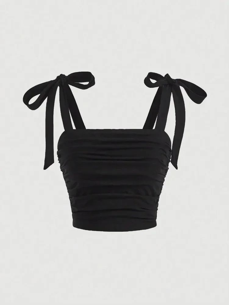 Solid Tie Shoulder Ruched Crop Cami – Y2K Backless Bow Streetwear Top