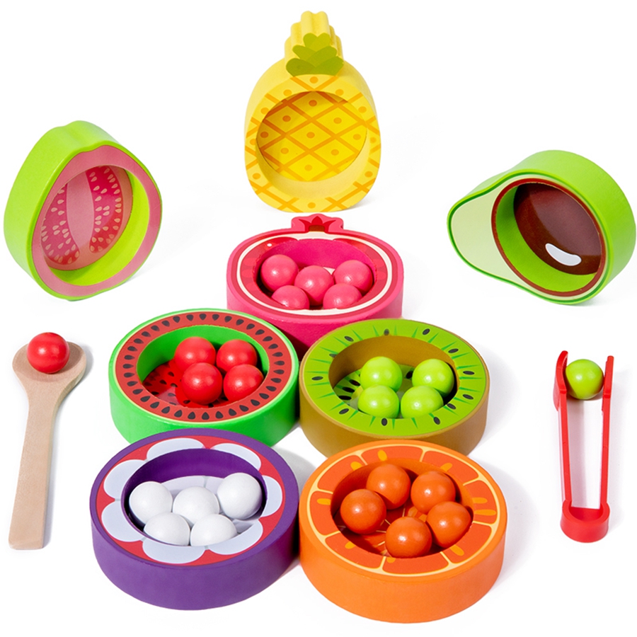 Montessori Wooden Color Matching Fruit Puzzle Educational Cognitive Bead Fine Motor Skills Toy for Kids