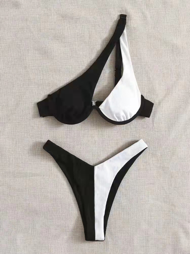Luxury Two Pieces Bikini, Solid Patchwork Swimwear, Underwire Push Up, One Shoulder Cut Out Beachwear