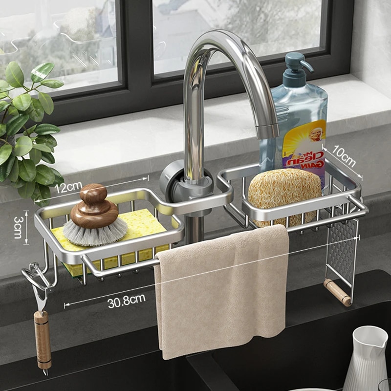 Aluminum Sink Rack: Sponge & Soap Drainer, Faucet Holder