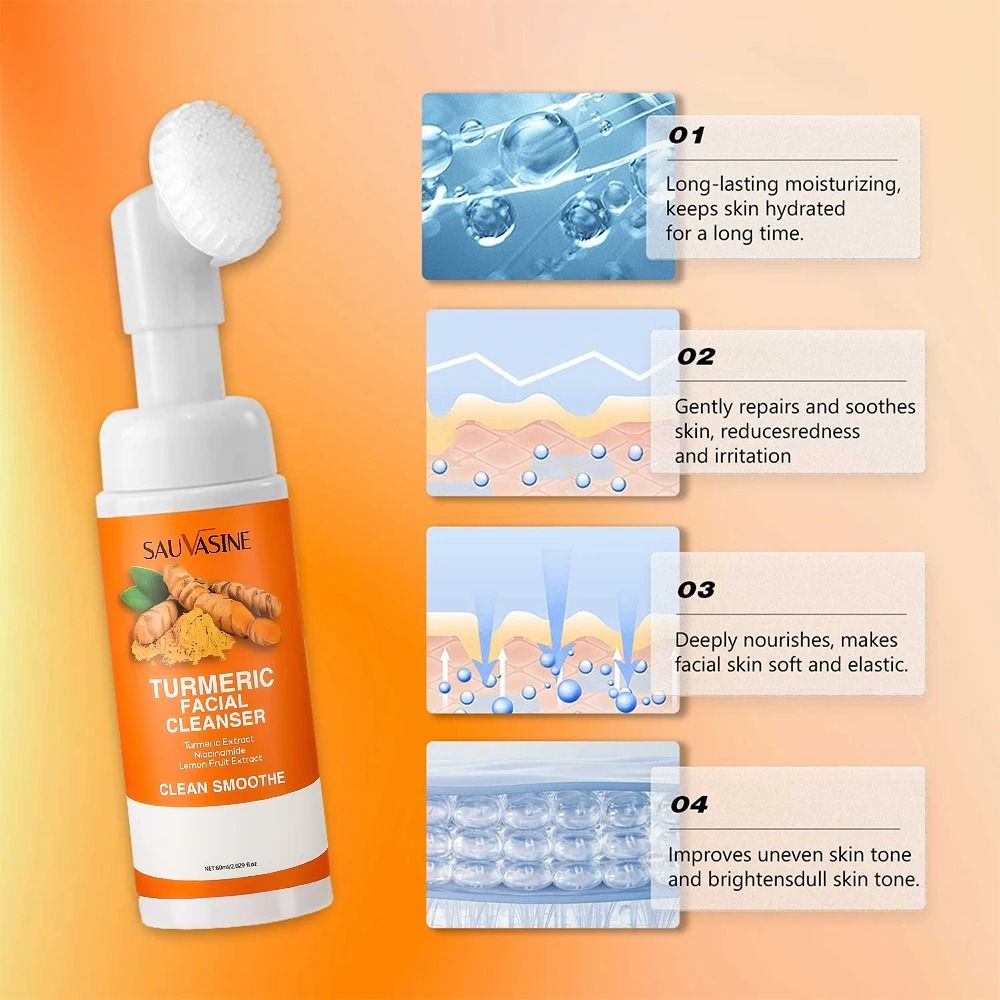 Turmeric Facial Cleanser Brightening Moisturizing Daily Foam with Brush