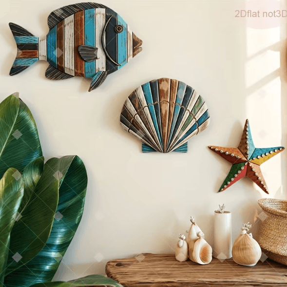 Colorful Wooden Ocean Wall Decor Set – Coastal Fish, Shell & Starfish Art