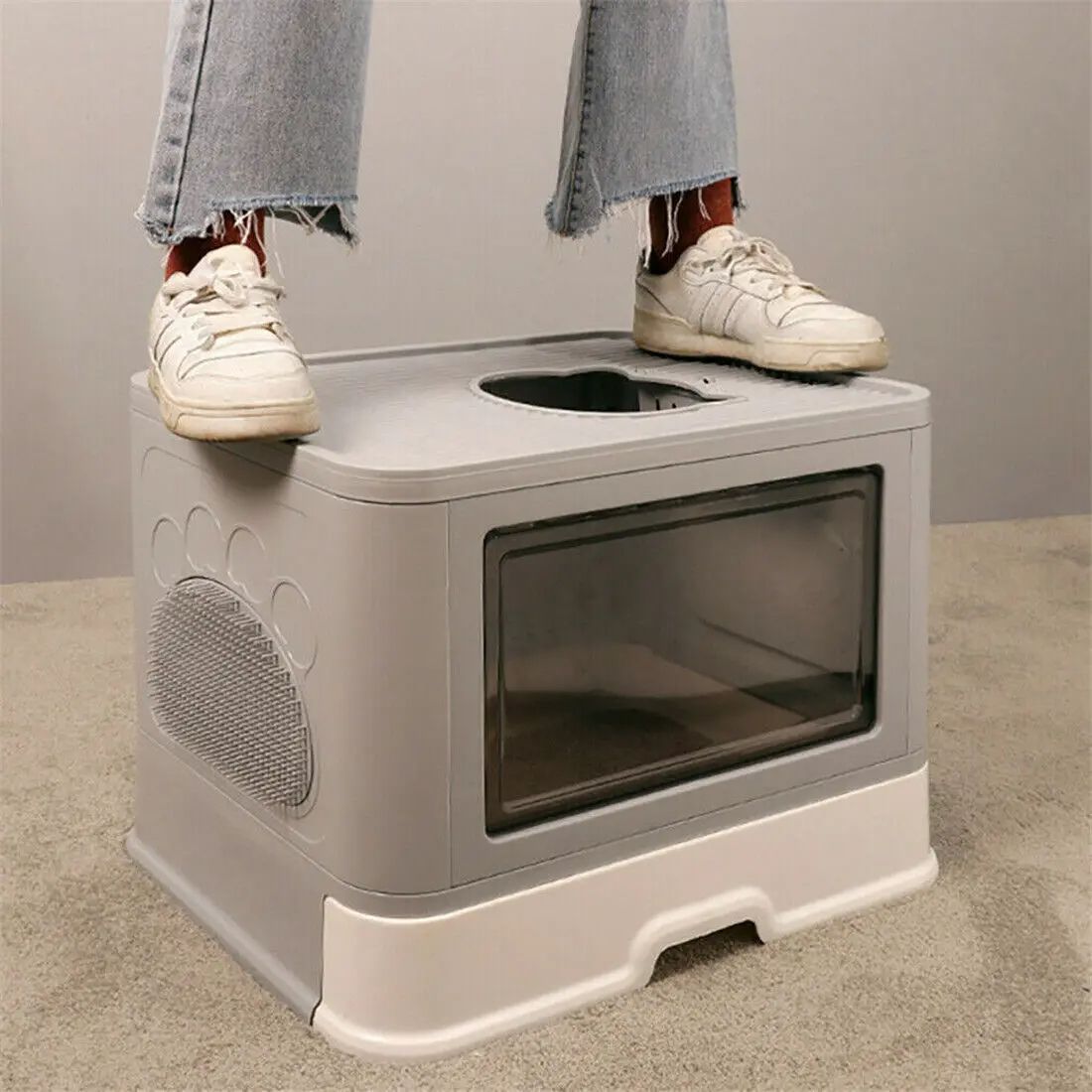 Foldable Cat Litter Box with Massager, Front Entry & Top Exit Toilet & Enclosed Litter Scoop