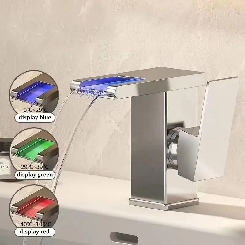 All-Copper LED Waterfall Faucet – Luminous Basin Mixer for Modern Bathrooms
