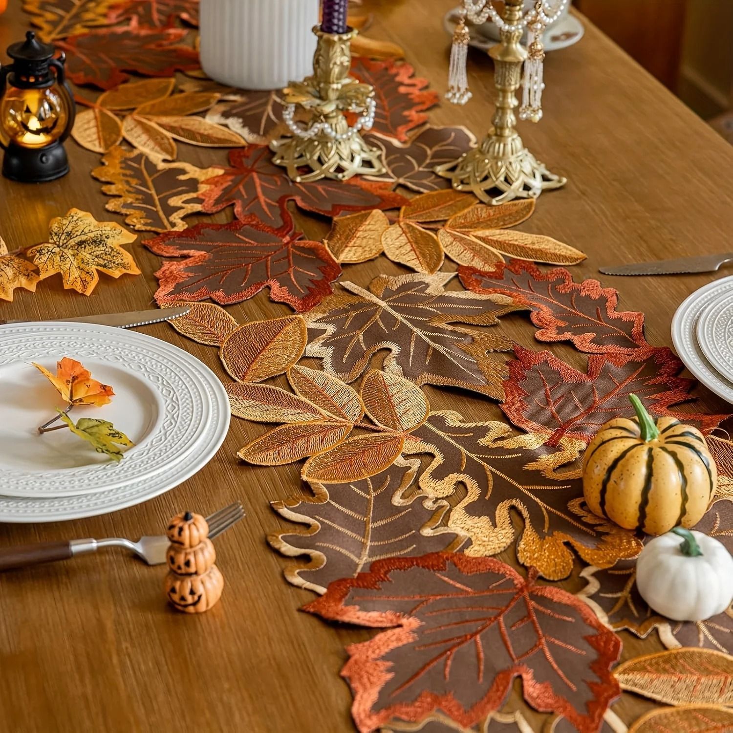 Embroidered Autumn Maple Leaf Table Runner | Flocked Brown Farmhouse Decor