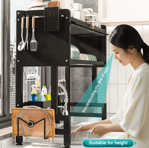 3 Tier Over the Sink Dish Drying Rack with Cover Large Kitchen Drain Shelf Storage System