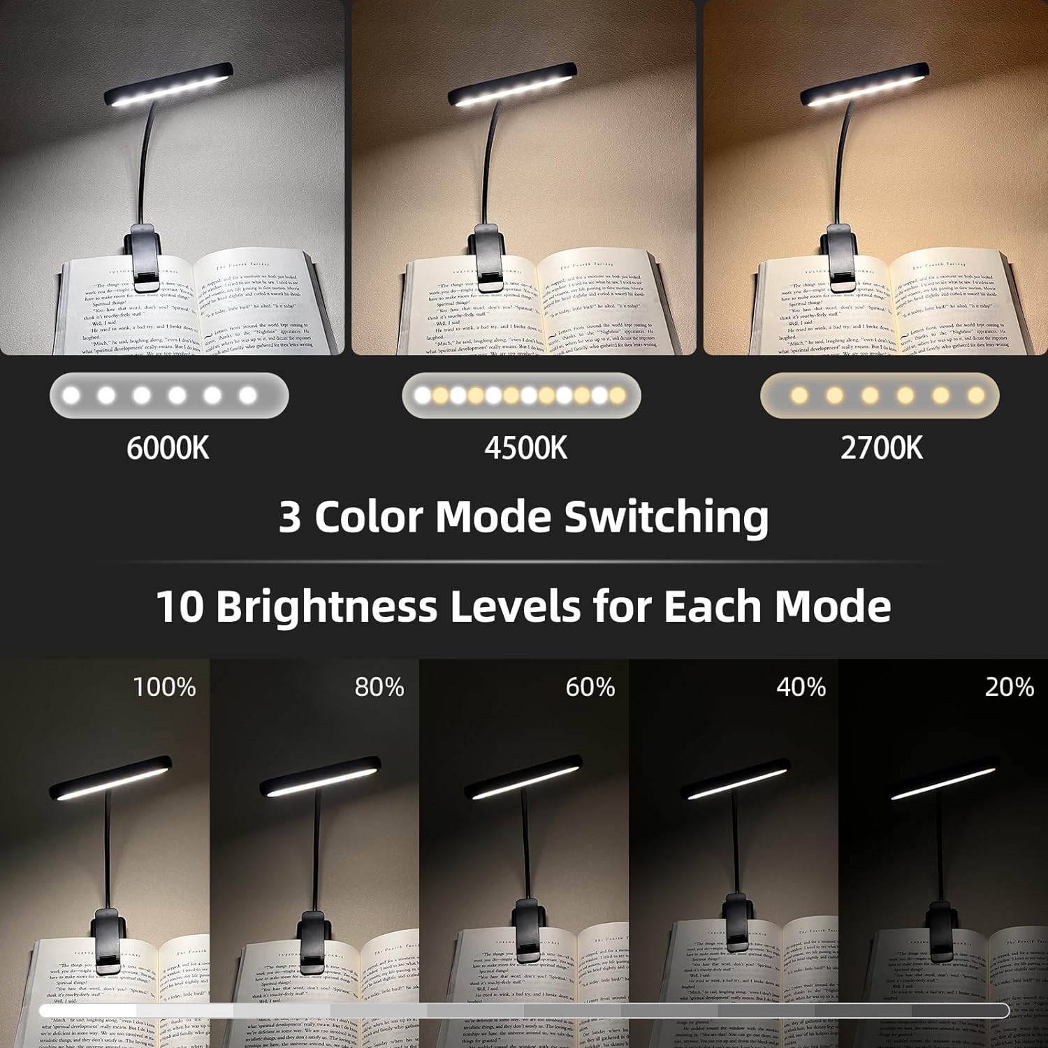 LED USB Rechargeable Book Light Portable, Flexible Clip-On Reading Lamp for Night Reading, Warm & Cool White Light