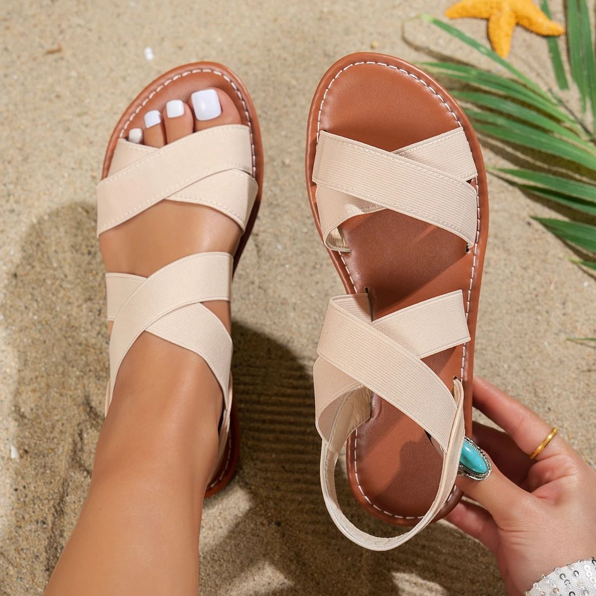 Elastic Band Casual Flat Sandals for Women