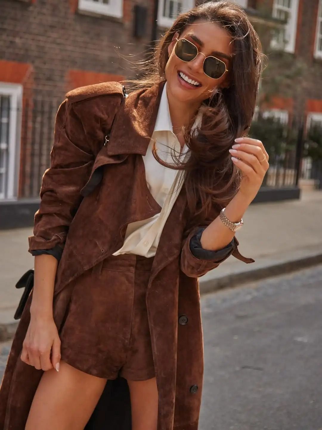 Brown Long Suede Overcoat Women Fashion Solid Lapel Single Breasted Loose Outerwear