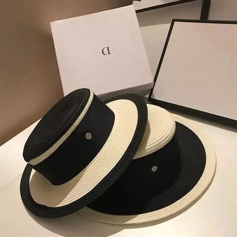 Hepburn Style Womens Flat Top Straw Hat Elegant Black White Fashion Sun Hat