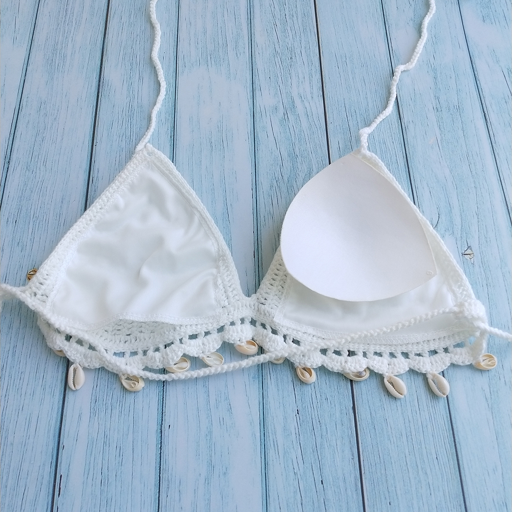 Sexy Bikini Set Woman Crochet Shell Tassel Bikini Top, Seashell Ankle Chain, Low Waist Hollow-out Thong Bottom