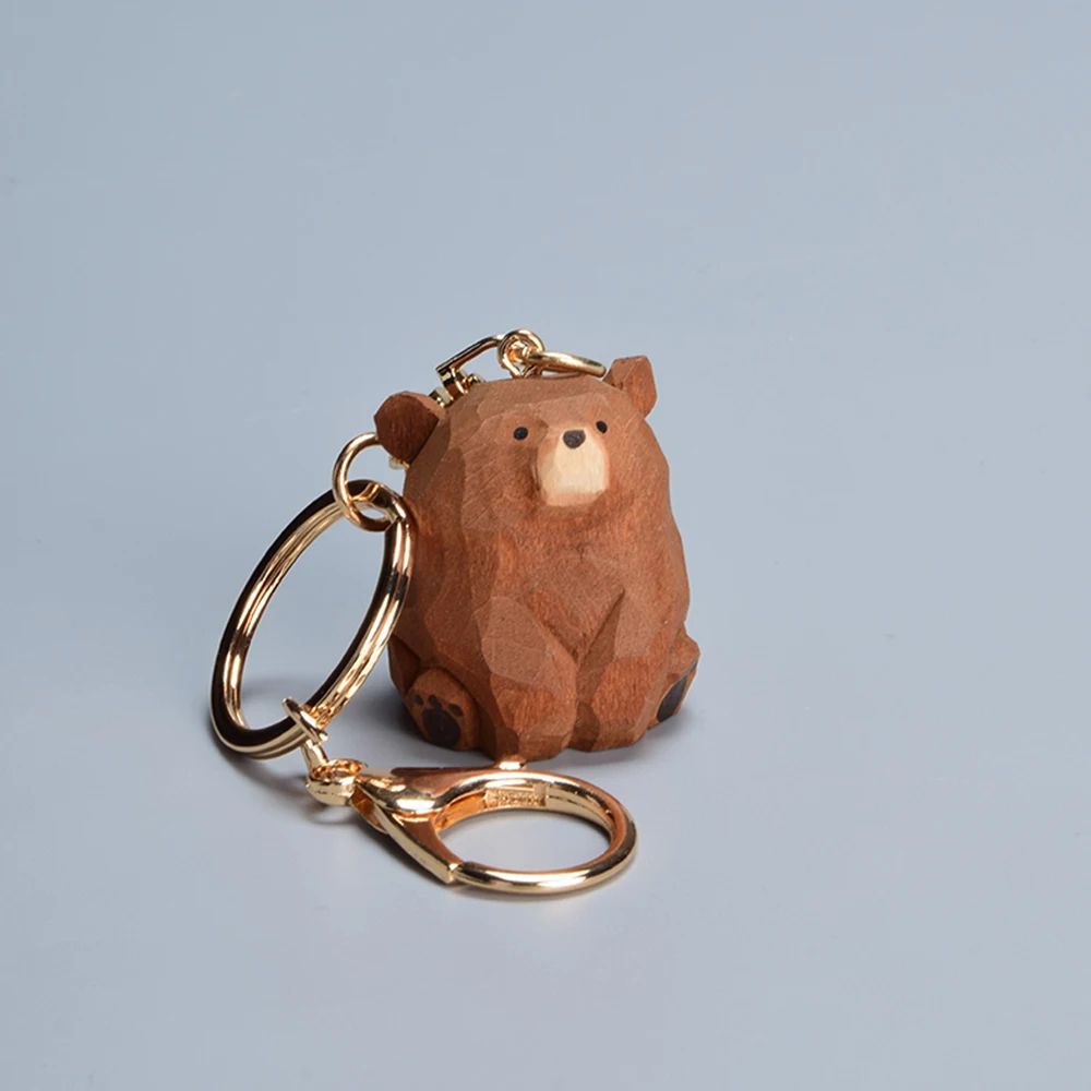 Wooden Bear Couple Keychain – Cute Hand-Carved Cartoon Animal Bag Pendant