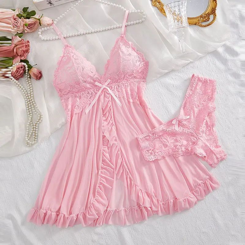 Women Summer Lace Nightgown Set with Suspender Dress and Thong