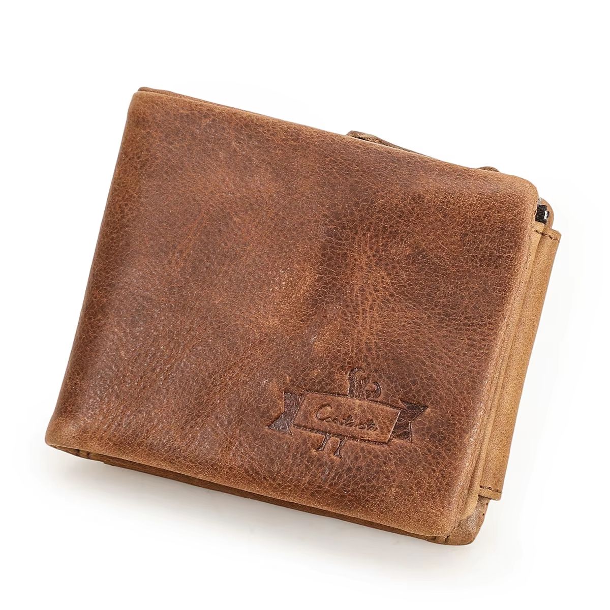 CONTACT'S Crazy Horse Leather Vintage Trifold Wallet with Zip Coin Pocket