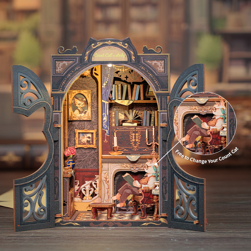 Wooden DIY Book Nook Kit, Miniature Dollhouse with Lights – 3D Puzzle Bookshelf Insert Decor – Cats Study Room