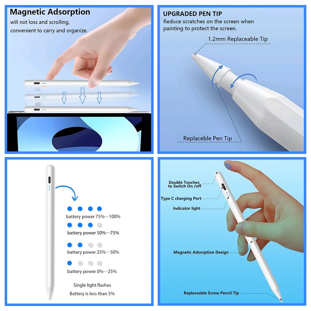 Stylus Pen for Apple iPad with LED Power Indicator, Palm Rejection, Touch Pencil Compatible with iPad Pro/Air/Mini