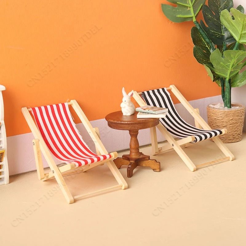 Artisanal Wooden Beach Chair Model Miniature Furniture for Dollhouse and Scene Decor