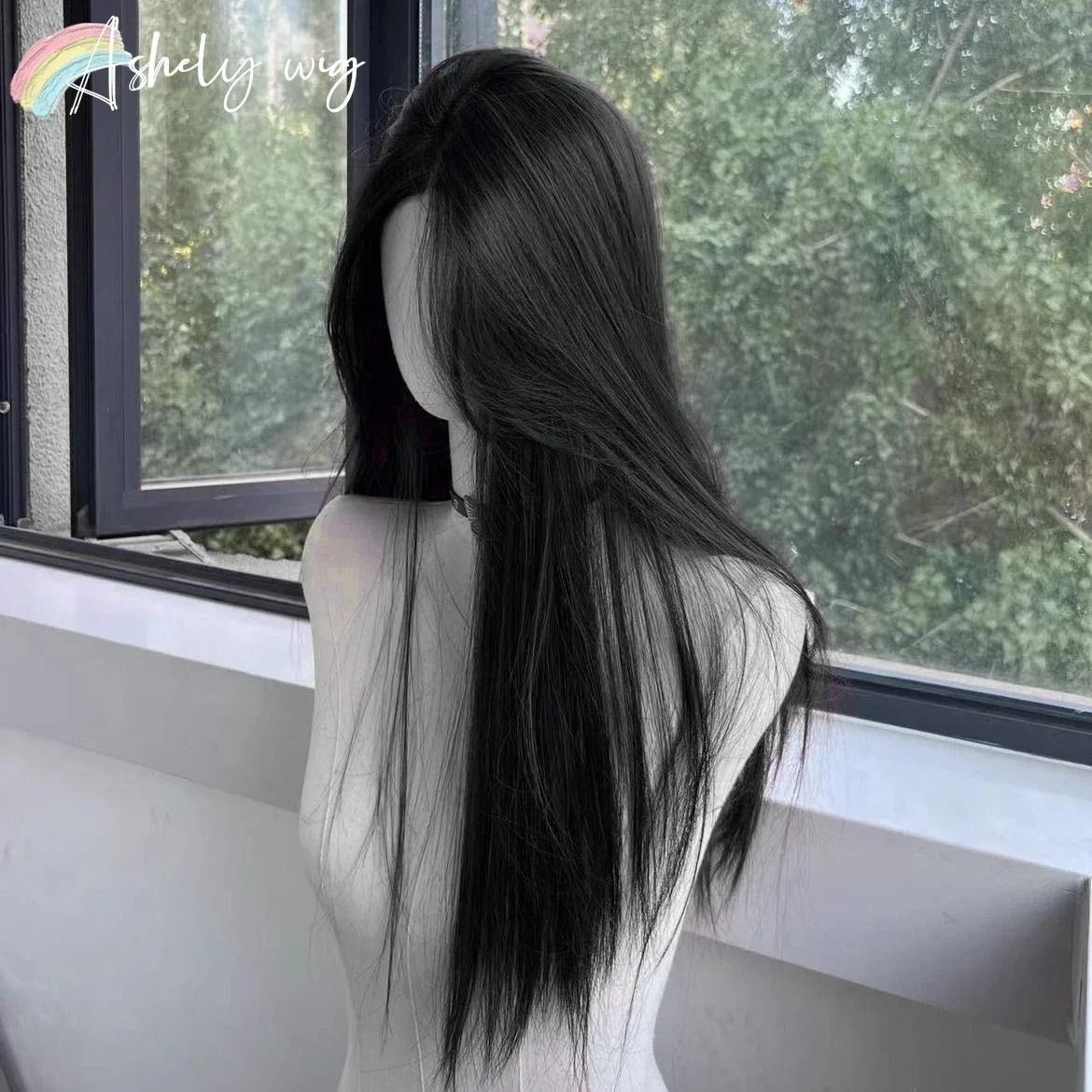 Black Synthetic Long Straight Wig Middle Part Natural Full Head Cover