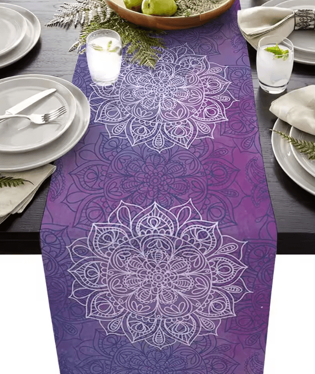 Bohemian Mandala Floral Linen Table Runner – Rustic Farmhouse Boho Table Decor