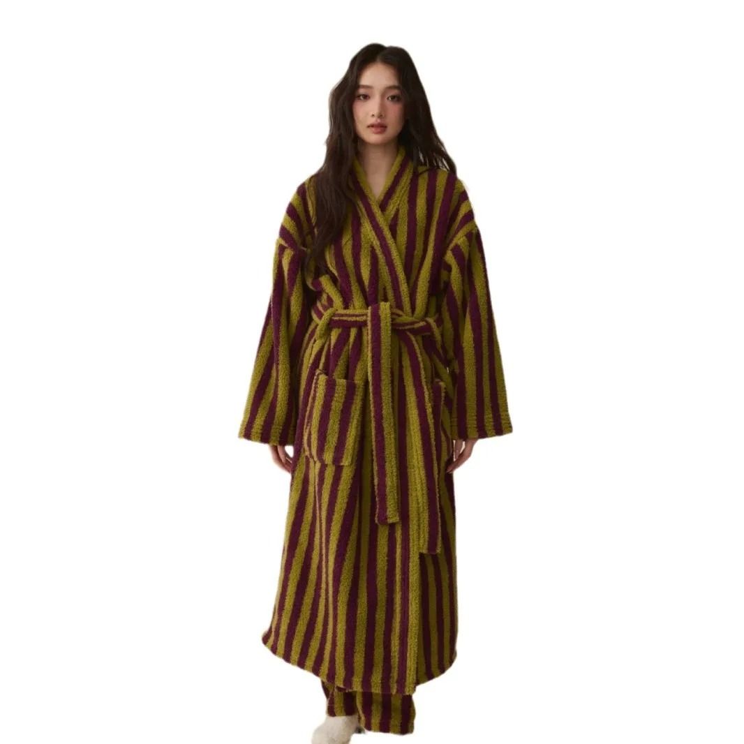 Thickened Flannel Robe & Pants Pajamas Set – Striped Coral Velvet Couple's Bathrobe & Winter Homewear