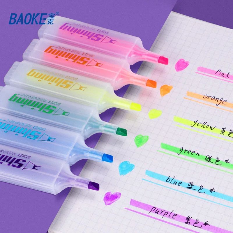 BAOKE MP4910 Highlighter Pen Set – 6 Color Fluorescent Chisel Tip Quick-Dry Study Markers