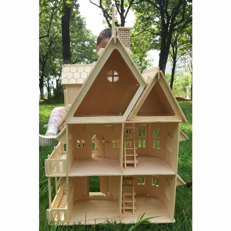 DIY Doll House Villa Model Assembled Miniature Dollhouse, Wood 3D Puzzle House, Pretend Play Educational Toys