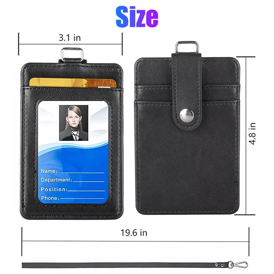 PU Leather ID Badge Card Holder with Vertical Clip & Neck Lanyard Strap Case