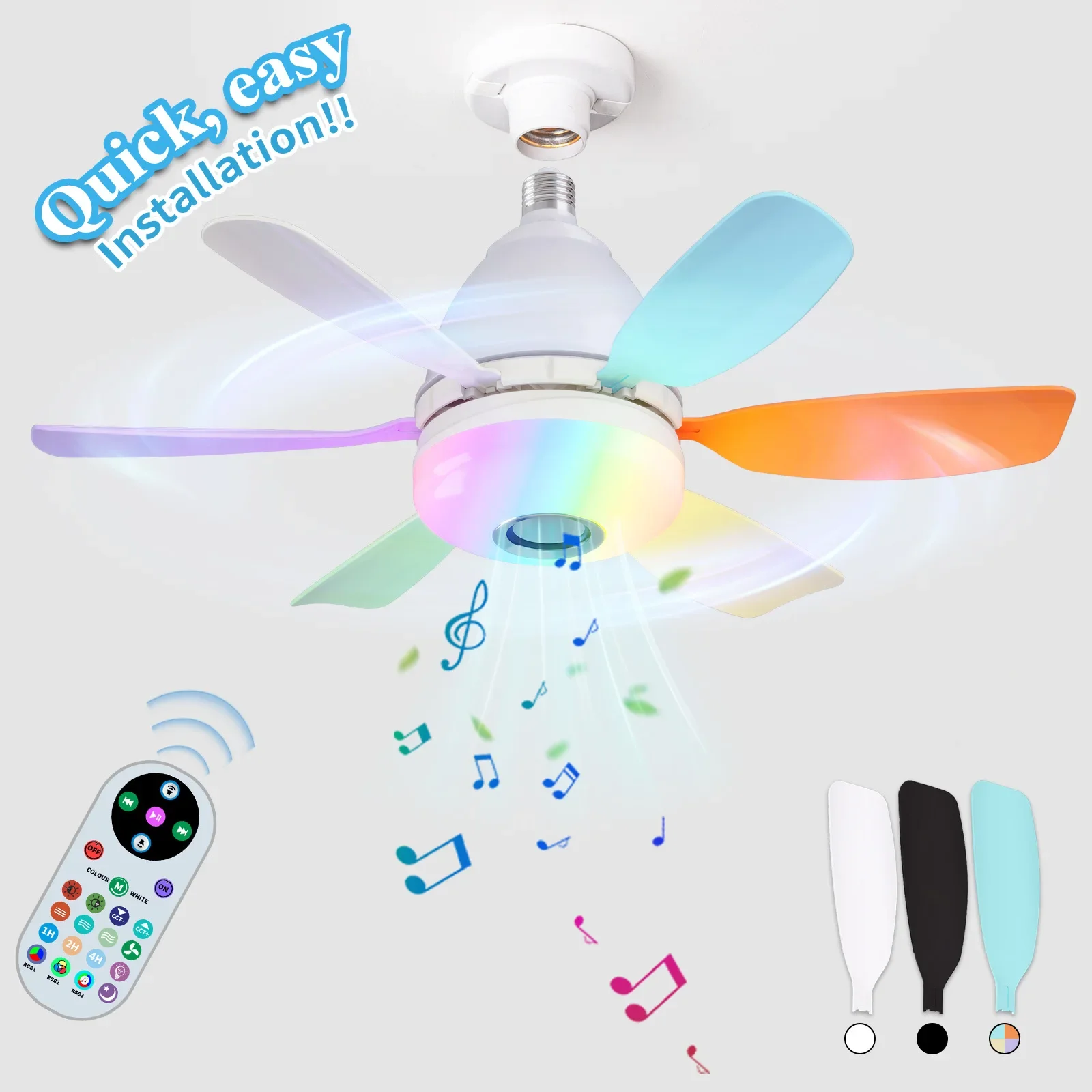 Noiseless Socket Fan Light with Remote, Small Ceiling Fans, Dimmable LED Light, Bluetooth Speaker