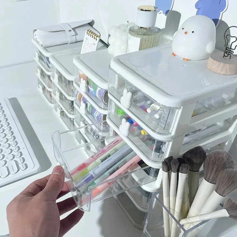 Clear Stacking Drawer Organizer, Multi-Tier PP Storage Box, Cartoon for Office, Beauty Products, Modular Desktop System
