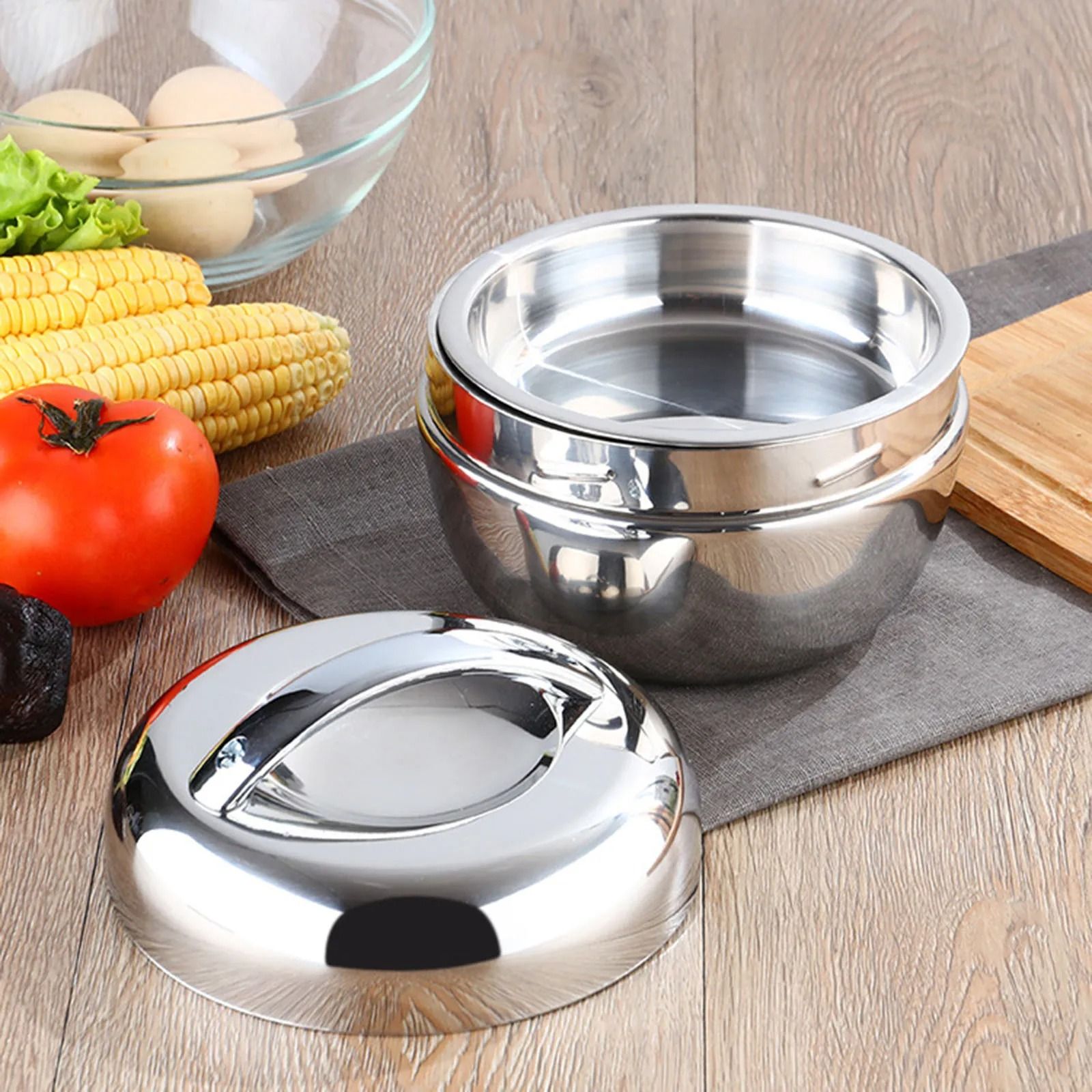 Double Layer Insulated Lunch Bento Box Stainless Steel Hot Food Container Round Noodle Bowl