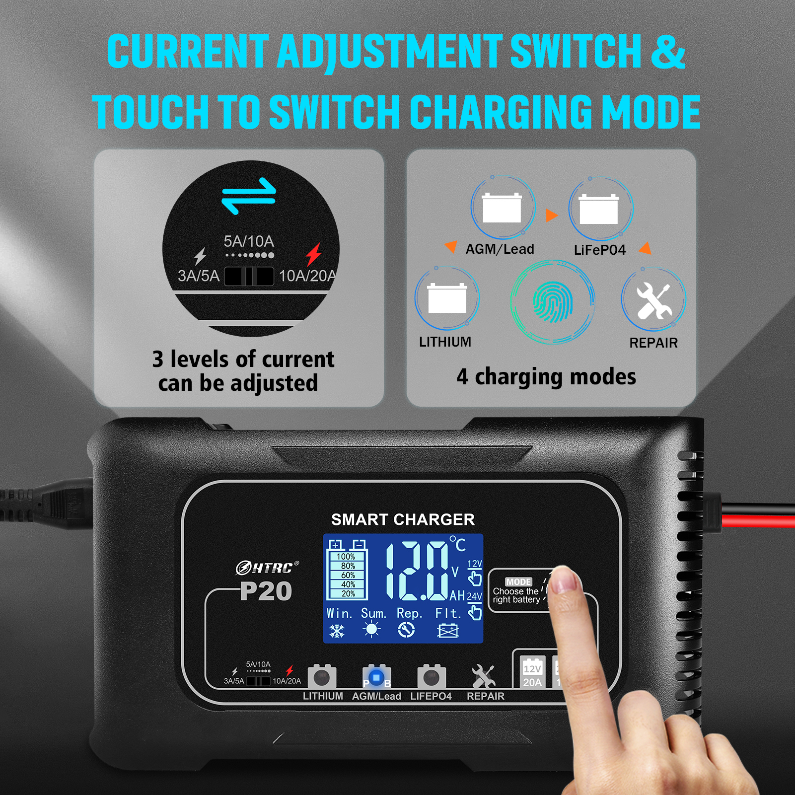 Battery Car Motorcycle Charger, Repair Charge for Lead-Acid Lithium, Reliable Smart Charger