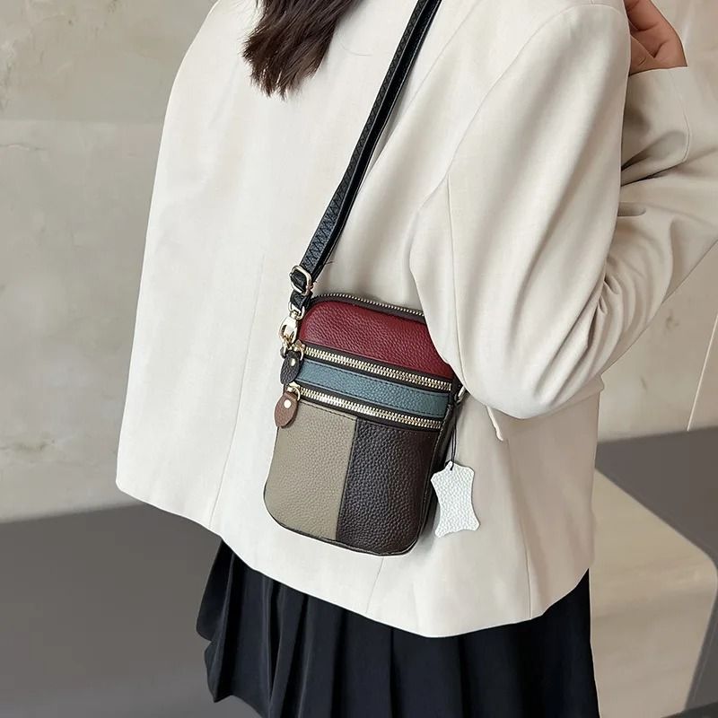 Soft Leather Womens Mini Shoulder Bag Multi Zipper Phone Crossbody Purse