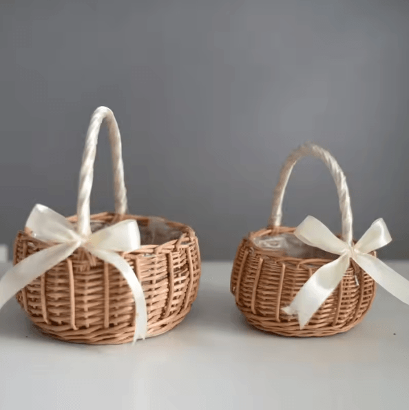 Handwoven Rattan Flower Basket – Rustic Wedding Flower Girl & Decorative Storage Basket
