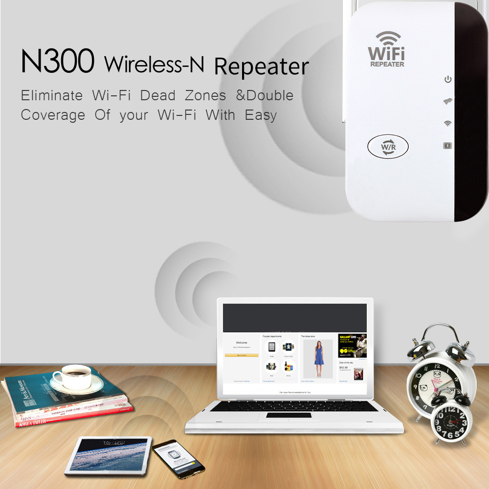 Wireless WiFi Repeater 300Mbps 2.4GHz, Range Booster & Network Expander 802.11N/B/G