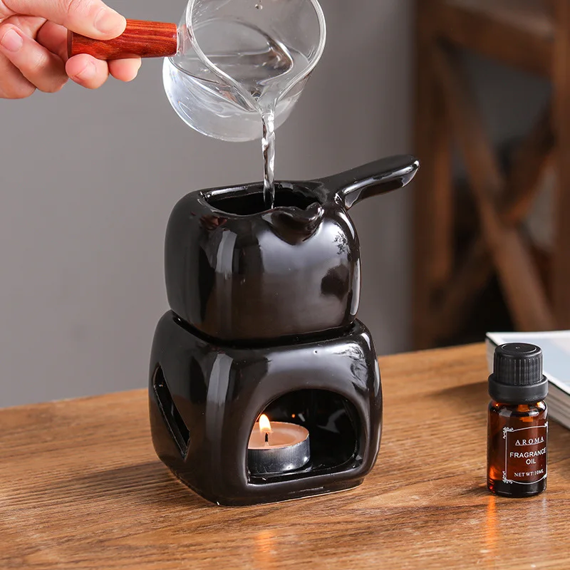 Ceramics Spa Essential Oil Massage Heater, 150ml Square Aromatherapy Holder, Black Separated Candle Tea Warmer