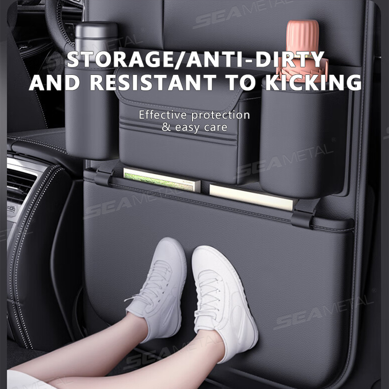 Waterproof Anti Kick Pad Car Backseat Organizer, 6 Pocket Car Seat Back Storage Bag, Wear Resistant Tissue Cup Holder