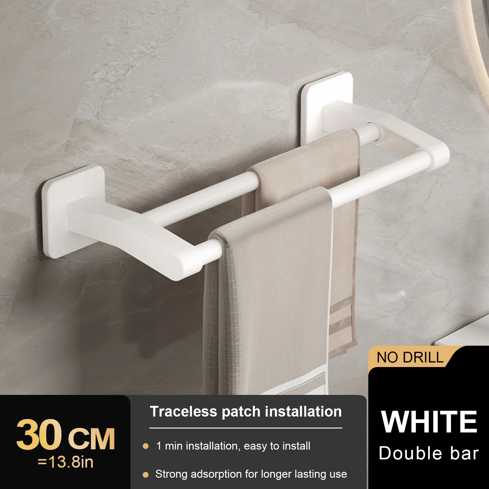 Wall Mount Double Towel Rack – No Drill ABS 2-Tier Bathroom Towel Bar