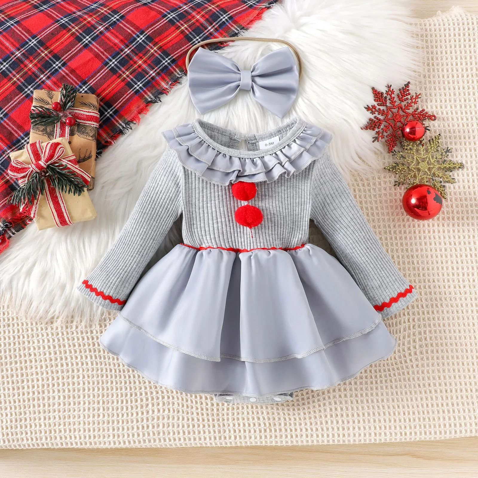 Baby Girl Creepy Clown Cosplay Costume | Premium Layered Gray Joker Dress Romper & Halloween Party Outwear