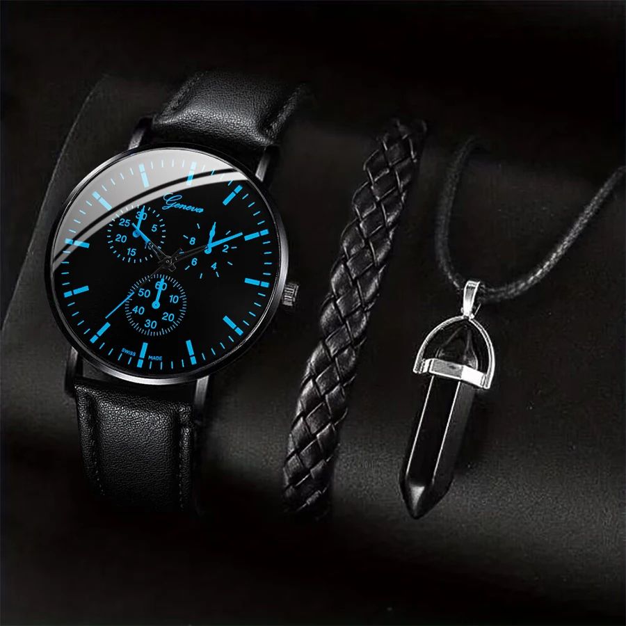 Mens Business Leather Watch Necklace Bracelet Set