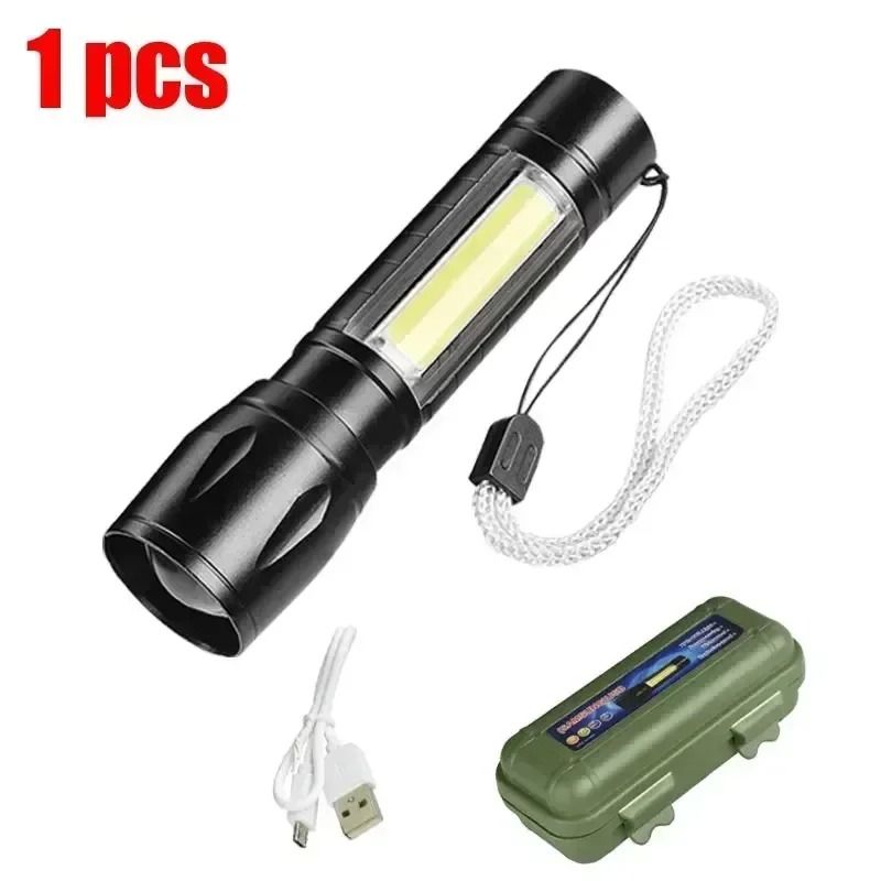 USB Rechargeable Mini COB and XPE LED Flashlight with Zoom and Pen Clip