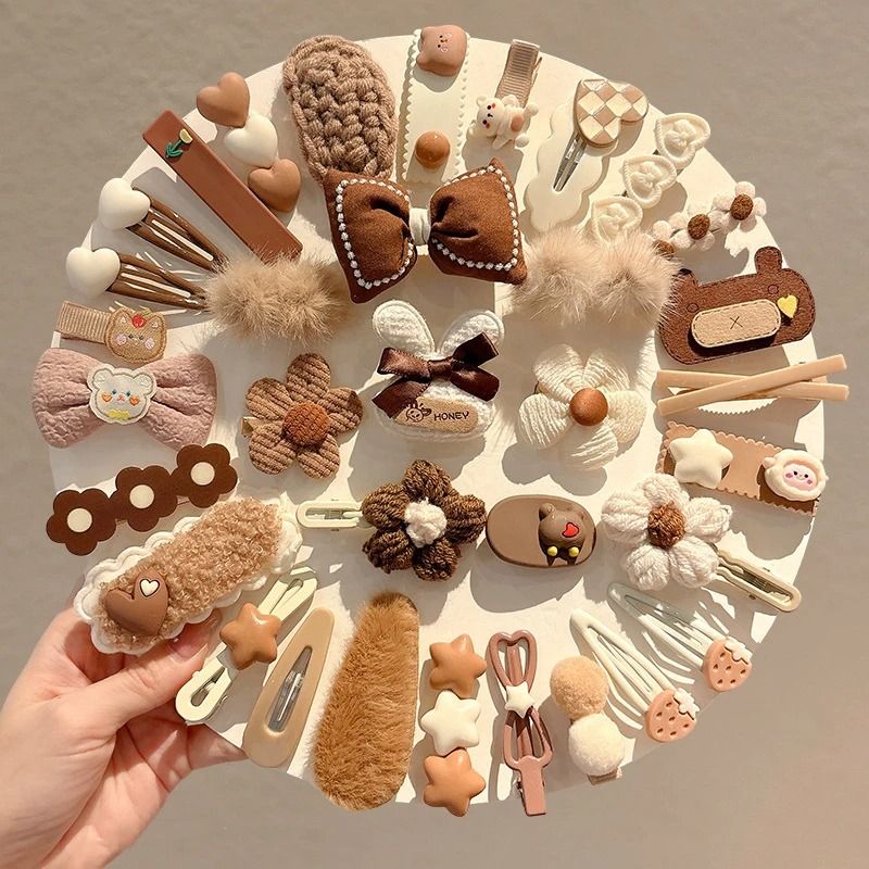 Korean Cartoon Plush Hair Clips – Cute Winter Rabbit & Flower Barrettes for Girls (10-14PCS Set)
