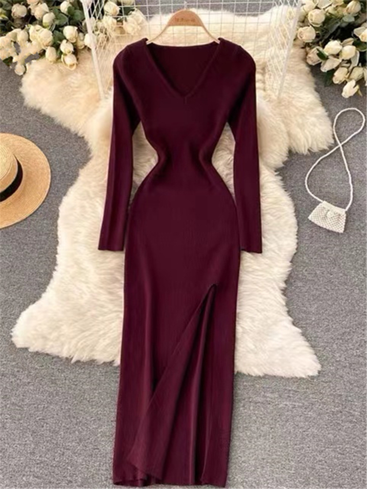 Female V-Neck Slim Slit Women's Sweater Dress, Tight-fitting Wrap Dresses