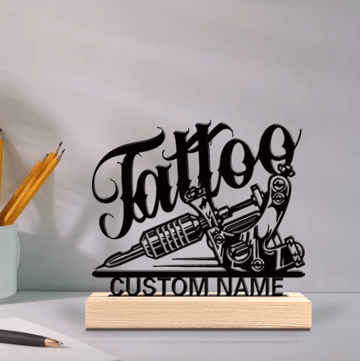 Personalized Tattoo Artist Metal Statue – Custom Desk Decor with Wooden Base