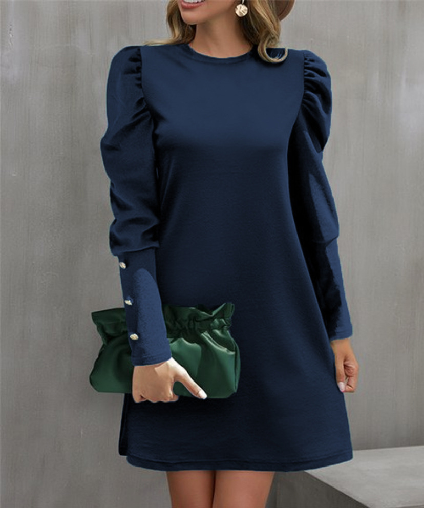 Solid Color Round Collar Bubble Sleeve Button Long-Sleeved Dress, Women's Autumn and Winter New Fashion Outfit