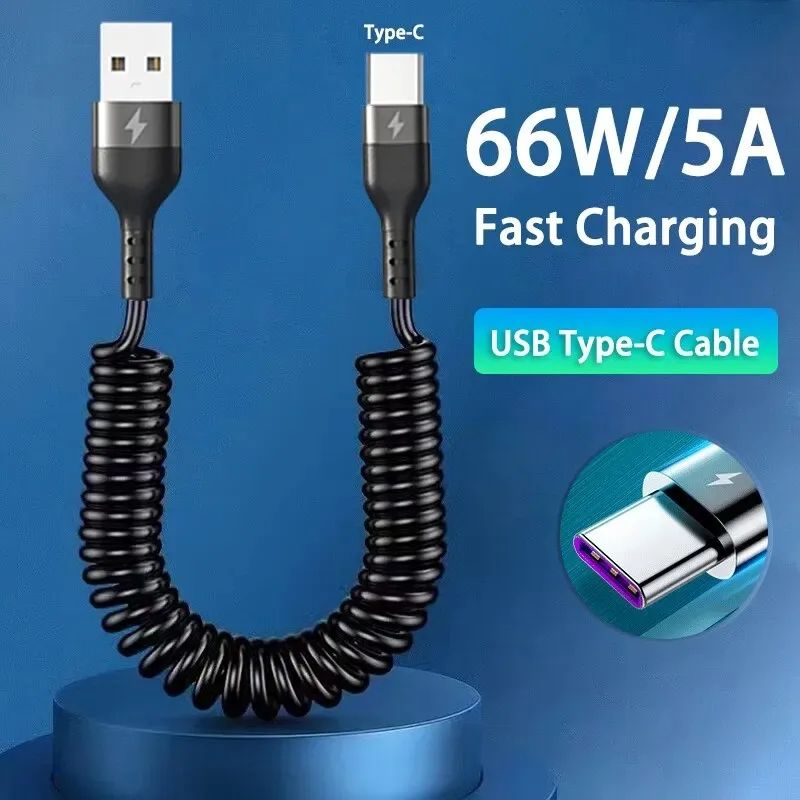66W Fast Charging USB-C Car Cable – Retractable Type-C to Type-C Power Cord for iPhone & Android