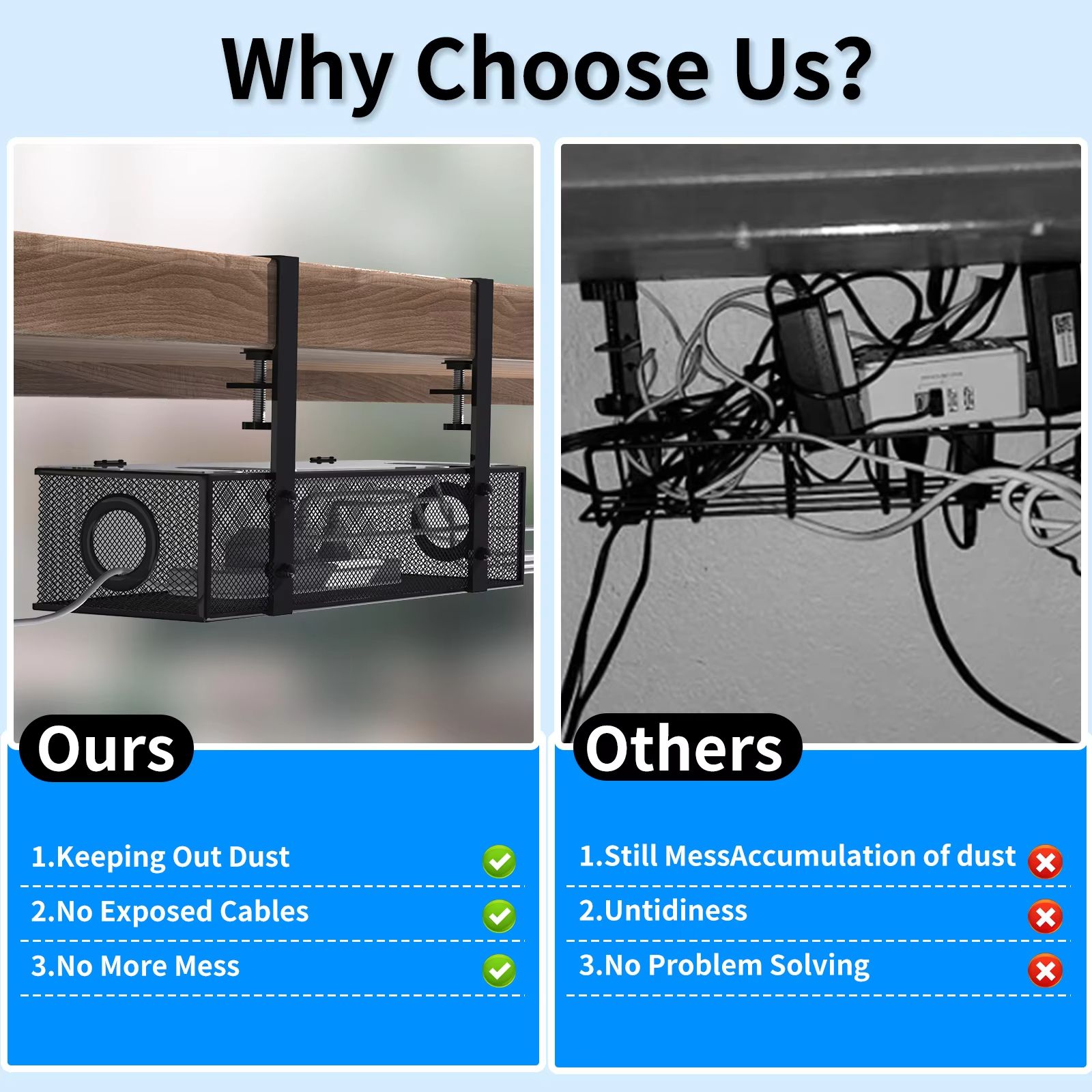 Under Desk Cable Management Tray – Clamp Mount Wire Organizer Box for Home & Office Desks