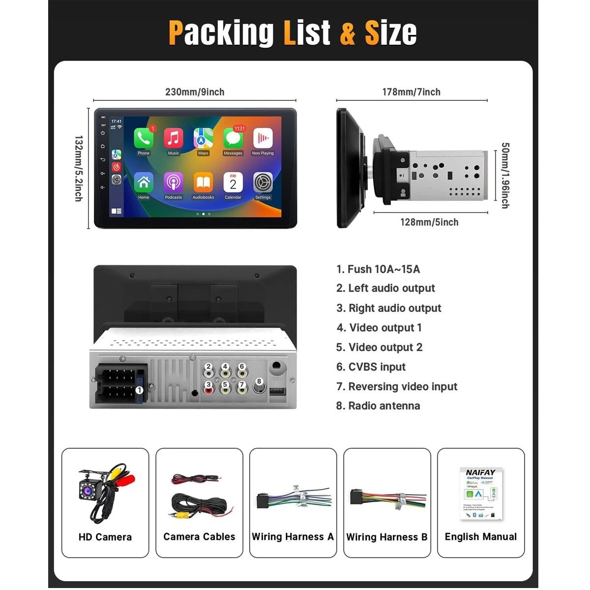 9 Inch Single Din Car Stereo HD Touch Screen with Carplay Android Auto Bluetooth Backup Camera and Navigation